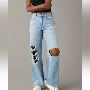 NWT American Eagle ($89.95) DreamyDrape SHRise BaggyWL Destroy LWash Jeans XLong